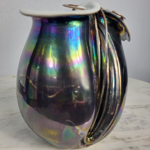 STUNNING VINTAGE IRIDESCENT STERLING SILVER FOLD OVER POTTERY CERAMIC VASE DISH - Picture 11 of 16